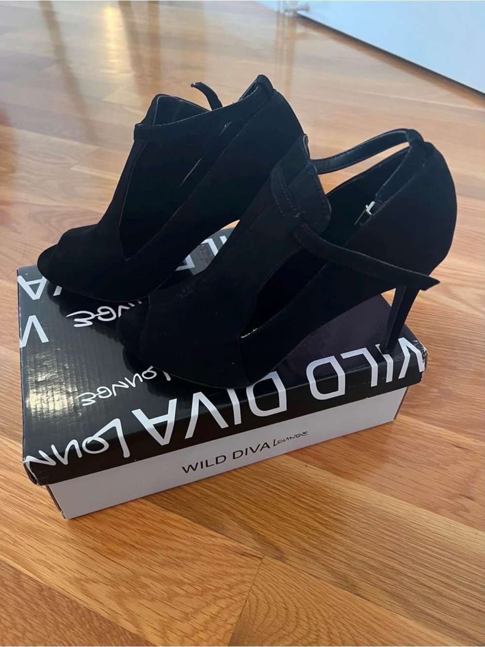 Wild Diva Black Suede Peep-Toe Ankle-Strap Heeled Booties